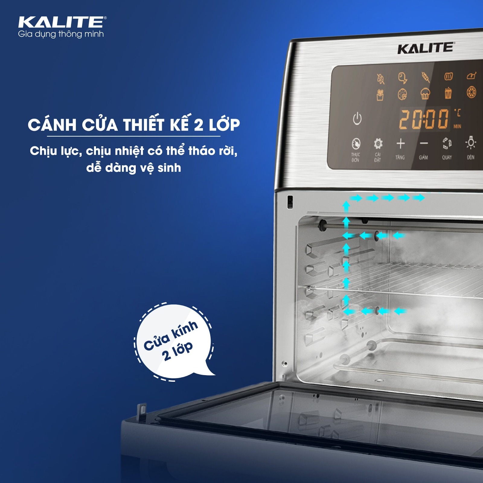 Nồi chiên không dầu Kalite KL-1500 sở hữu cửa kính 2 lớp dễ dàng quan sát, vệ sinh
